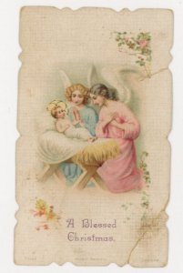 c1910 Baby Jesus Angels Manger Christmas Card F220