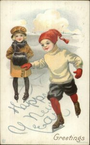 New Year - Children Ice Skating c1910 Postcard 35D 