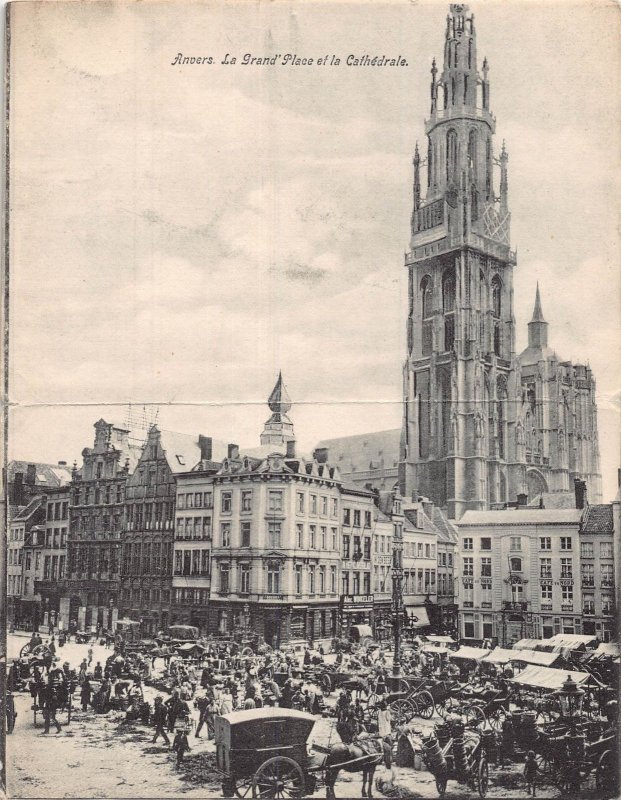 ANVERS BELGIUM~LE GRAND PLACE et la CATHEDRALE~1900s DOUBLE PHOTO POSTCARD