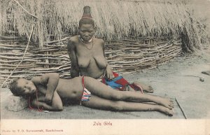 SOUTH AFRICA~ZULU GIRLS~1900s T D RAVENSCROFT TINTED PHOTO POSTCARD