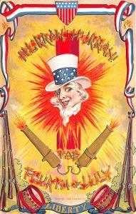 Patriotic July Fourth Uncle Sam Drums Canon Fire Crackers Embossed Postcard 20