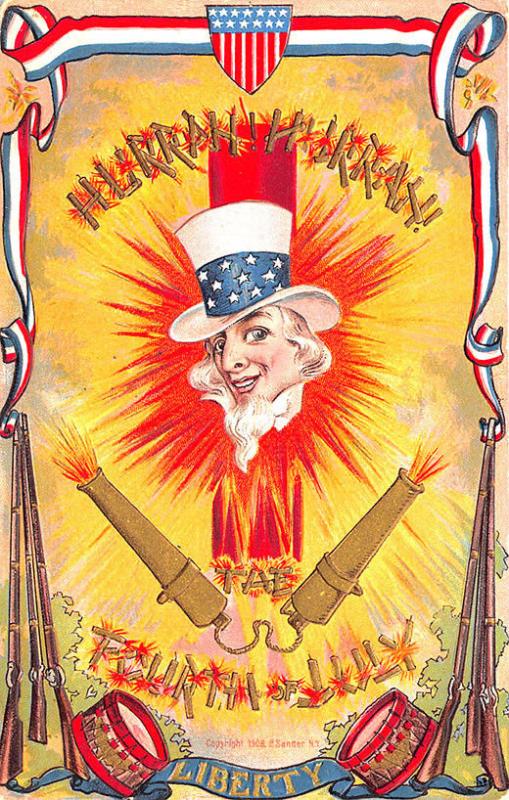 Patriotic July Fourth Uncle Sam Drums Canon Fire Crackers Embossed Postcard 20