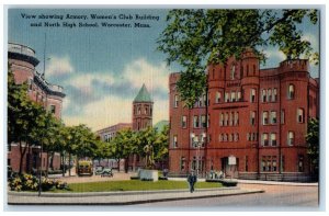 View Showing Armory Womens Club Building North High School Worcester MA Postcard