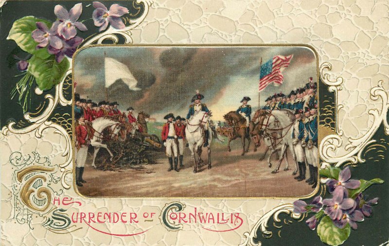 Silk Vignette Postcard Surrender of Cornwallis To Washington Patriotic Trumball