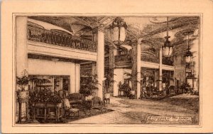 Postcard Glimpse of the Lobby at Hotel Statler in Detroit, Michigan