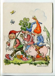 440427 Gnomes ride a pig clover by Barbara Kondoch Vintage postcard