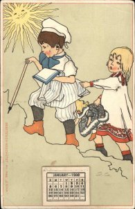 Children Hike Hot Day Man in the Sun Add-On Calendar Novelty Postcard c1910