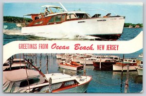 Banner~Greetings From Ocean Beach New Jersey~Motorboat~Harbor~1961 Postcard