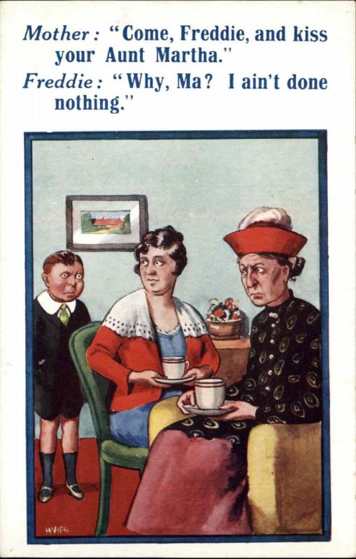 Spinster Comic c1920 Postcard Freddie Doesn't Want to Kiss Dour Aunt Martha