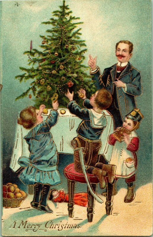 Dad Children Trimming Decorating Tree sword helmet Christmas Postcard