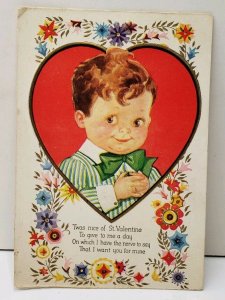 Valentine Greeting Cute Little Boy Green Bow Tie Heart Gold Flowers Postcard E19