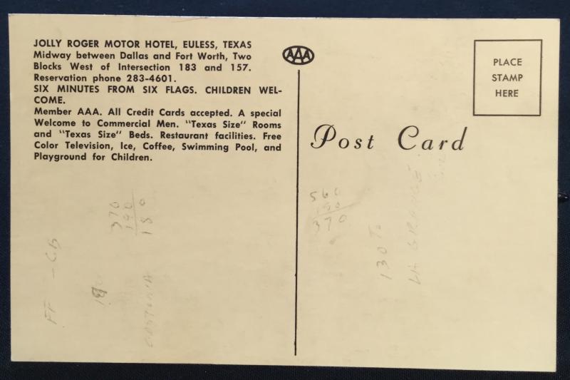 Postcard Unused Jolly Roger Motor Hotel Euless TX LB