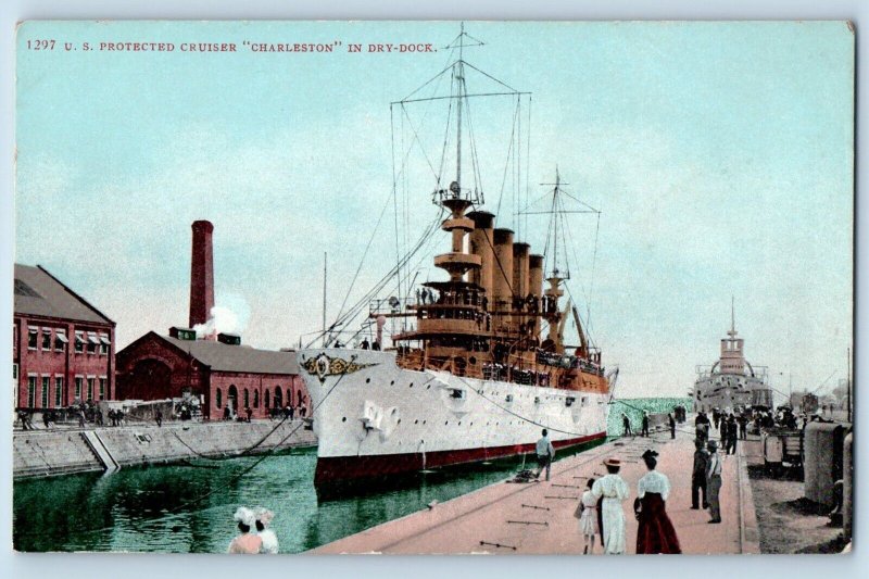 Postcard US Protected Cruiser Charleston Dry Dock Steamer c1910 Vintage Antique