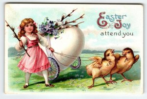 Easter Postcard Girl Walks Baby Chicks Giant Egg Cart On Wheels Embossed Germany