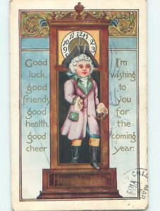 Pre-Linen new year BOY IN COLONIAL CLOTHING BY GRANDFATHER CLOCK HQ8047