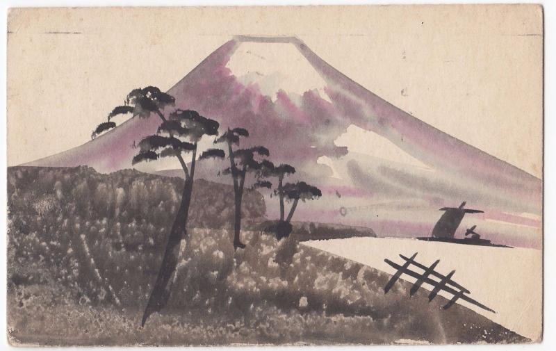 Japan; Hand Painted View of Mount Fuji PPC, Maidstone 1924 PMK