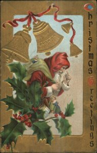 Christmas - Santa Claus Red Hood Gold Bells c1910 Postcard