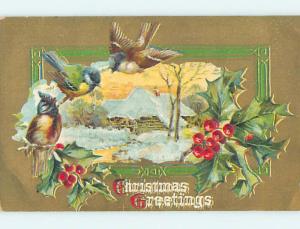 Pre-Linen christmas BEAUTIFUL BIRDS & SNOW-COVERED MILL WITH WATER WHEEL hr2766