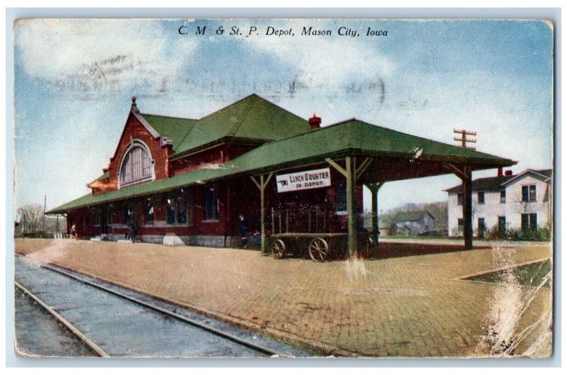 1909 C. M. & St. P. Depot Train Station Mason City Iowa IA Antique Postcard