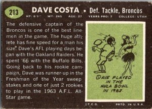 1969 Topps Football Card Dave Costa Denver Broncos sk5437