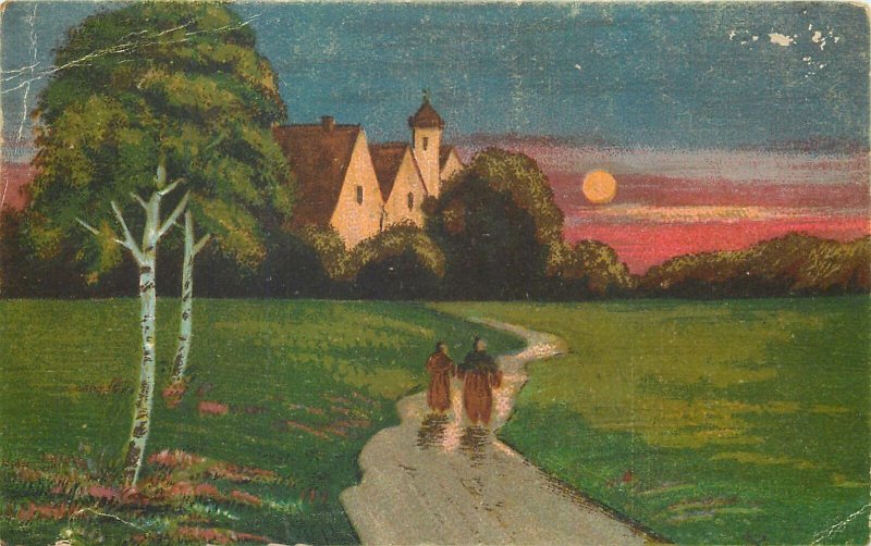 Postcard sunset church village road citizens sun moon sky painting draw art