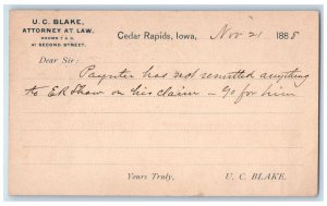 1888 U.C. Blake Attorney at Law Cedar Rapids Iowa IA Antique Postal Card