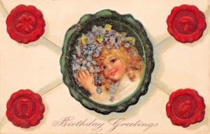 BIRTHDAY GREETINGS-BEAUTIFUL VICTORIAN CHILD-EMBOSSED WAX SEAL ENVELOPE POSTCARD