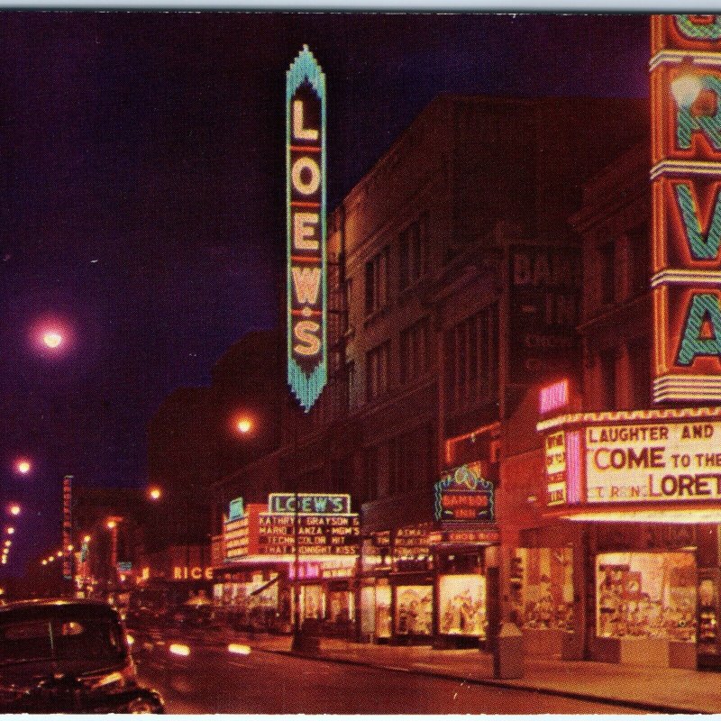 c1950s Norfolk, VA Granby Street Commercial Main St Downtown Postcard Night A91