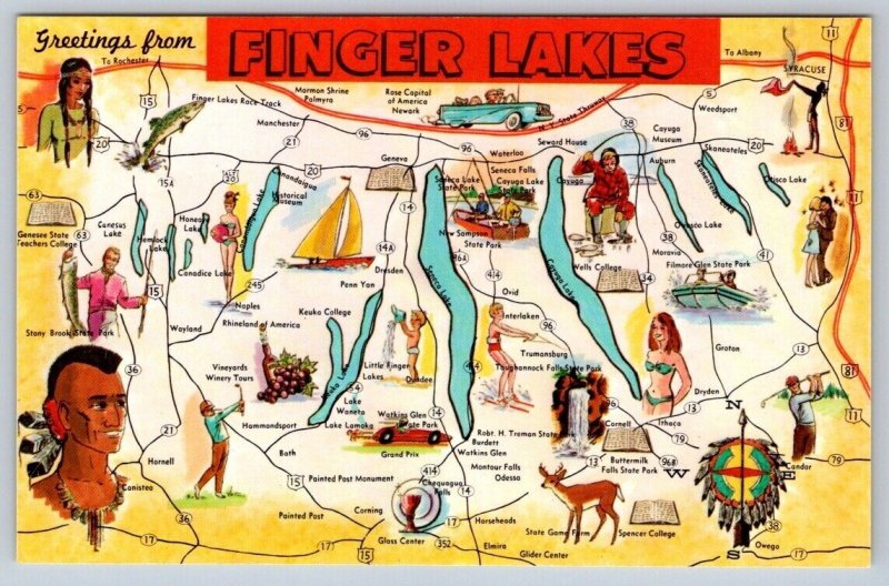 Finger Lakes New York, Vintage Map Postcard Showing Points Of Interest & Routes