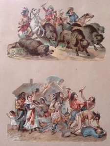 c1890 VICTORIAN DIE CUTS INDIAN SCALPING BUFFALO HUNT DEER HORSE DOG W100