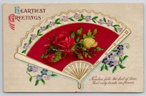 Roses Faux Red Gold Fan Greeting Davidson Family Long Pine NE Postcard A36