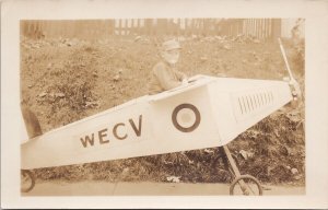 Boy in WECV Miniature Airplane Model Toy Child Aviation Canada RPPC Postcard H31