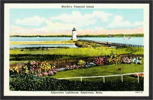 Edgartown MA Lighthouse on Martha's Vineyard Island 1950s Linen Postcard