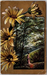 1909 Yellow Daisy Landscape Woman In Garden Greetings Wishes Posted Postcard