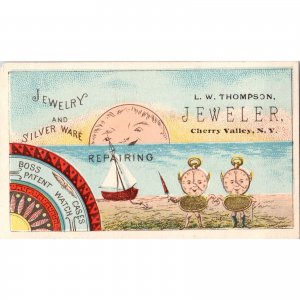 L.W. THOMPSON Jeweler - Pocket Watches Sailboat Beach - Victorian Trade Card
