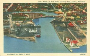 Racine Wisconsin Mouth of Root River Looking West Aerial View Linen Postcard