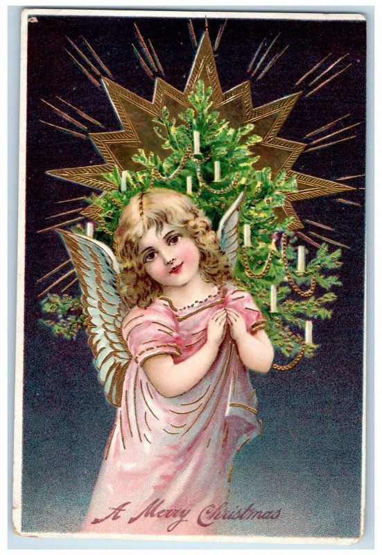 c1910's Christmas Tree Decorated Angel Embossed Posted Antique Postcard