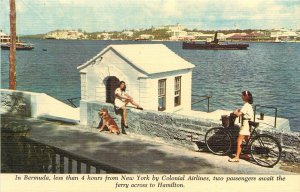 Postcard; Bermuda, Pretty Girls & Dog Await Ferry to Hamilton, Colonial Air Ad