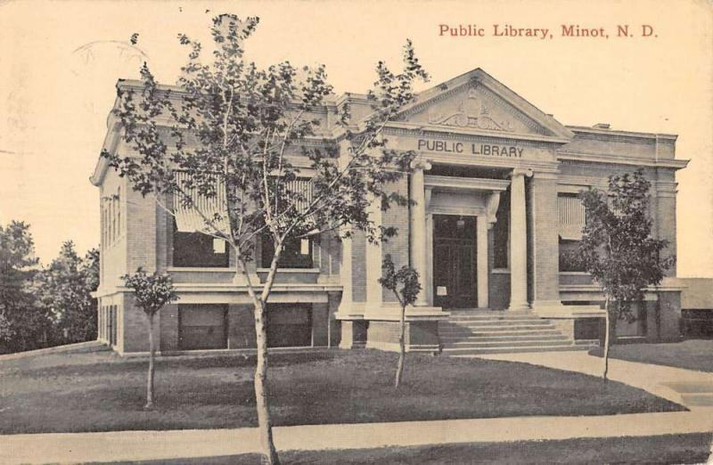 Minot North Dakota Public Library Street View Antique Postcard K82126