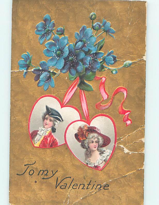Divided-Back Valentine COLONIAL ERA MAN & WOMAN IN HEART SHAPES o5317
