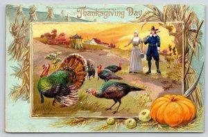 Thanksgiving Pilgrims~Couple on Path~Turkeys in Field~Pumpkin Corn Stalks~TUCK