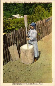 Indian Woman Grinding Maize In Primitive Fashion Smoky Mountains National Park