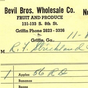 1949 GRIFFIN GA BEVIL BROS WHOLESALE FRUIT AND PRODUCE STRICKLAND INVOICE Z898