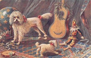 L519 Circus Poodle dog puppy Clown toy guitar by Roesler vintage postcard