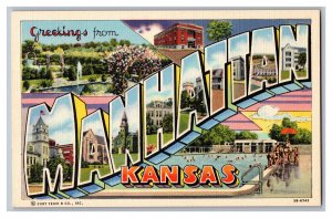 Greetings From MANHATTAN Kansas LARGE Letter Postcard