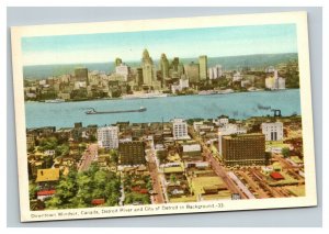 Vintage 1930's Postcard Skyline of Detroit Michigan From Windsor Ontario Canada