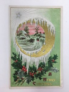 c. 1910 Merry Christmas Postcard Holly Cottage People Snow Star Embossed