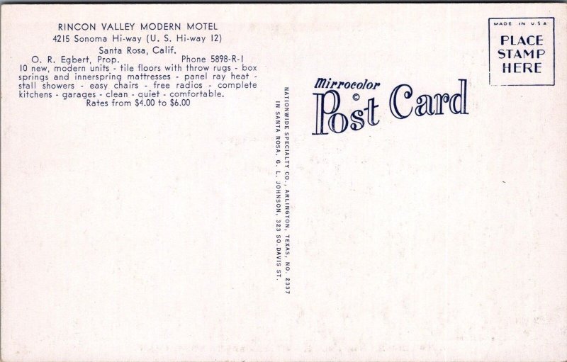 Postcard Icon Valley Modern Motel Santa Rosa CA