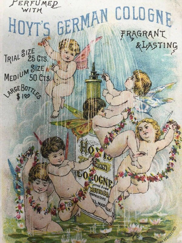 Hoyt's German Cologne Trade Card Angels Cherubs Wright Titsworth. Elk Creek Neb 