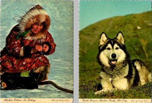 2~4X6 Postcards  AK, Alaska  ALASKAN ESKIMO WOMAN ICE FISHING & HUSKY SLED DOG